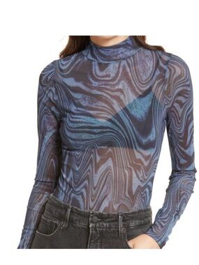 Good American Blue Marble Sheer Mock Neck Long Sleeve Top